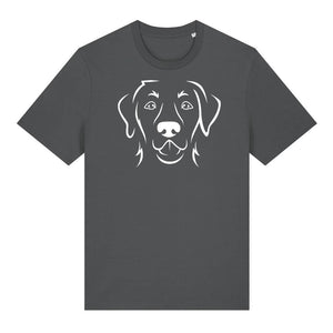 White outline illustration of the head of a Labrador Retriever on the front of an anthracite grey unisex t-shirt