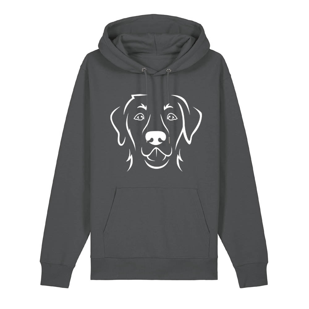 White outline illustration of the head of a Labrador Retriever on the front of an anthracite grey unisex Hoodie