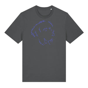 Blue outline illustration of the head of a Newfoundland on the front of an anthracite grey unisex t-shirt