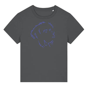 Blue outline illustration of the head of a Newfoundland dog on the front of an anthracite grey ladies t-shirt
