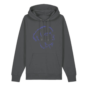 Blue outline illustration of the head of a Newfoundland on the front of an anthracite grey unisex Hoodie