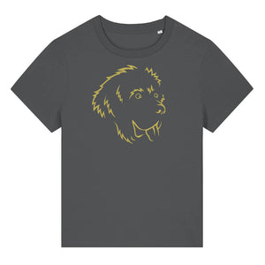 Gold outline illustration of the head of a Newfoundland dog on the front of an anthracite grey ladies t-shirt