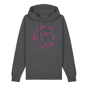 Magenta outline illustration of the head of a Newfoundland on the front of an anthracite grey unisex Hoodie