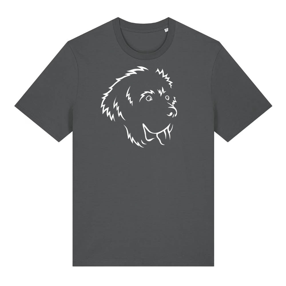 White outline illustration of the head of a Newfoundland on the front of an anthracite grey unisex t-shirt
