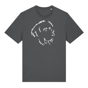 White outline illustration of the head of a Newfoundland on the front of an anthracite grey unisex t-shirt