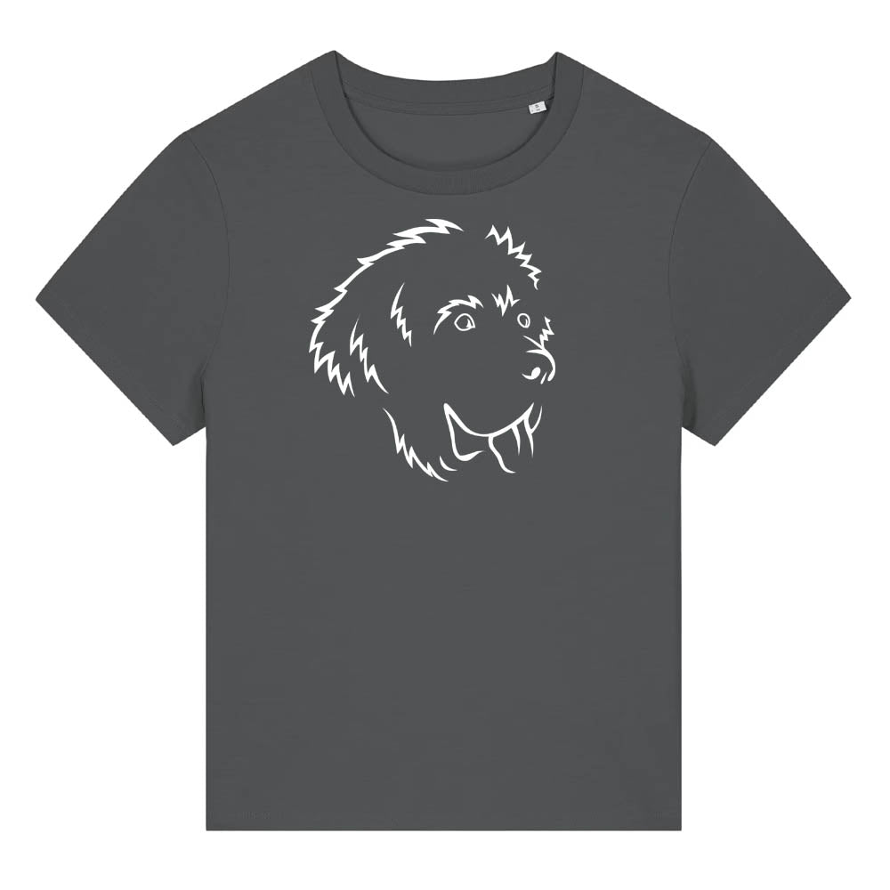 White outline illustration of the head of a Newfoundland dog on the front of an anthracite grey ladies t-shirt