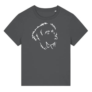 White outline illustration of the head of a Newfoundland dog on the front of an anthracite grey ladies t-shirt