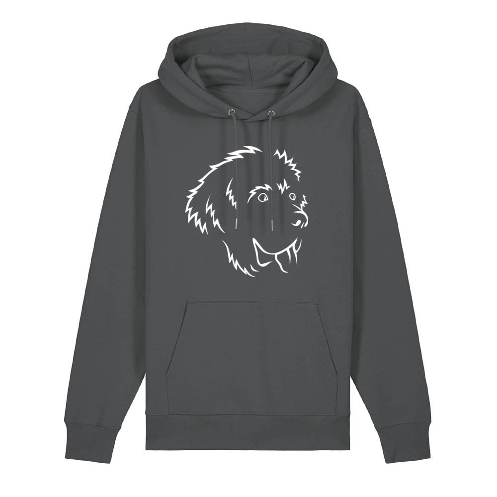 White outline illustration of the head of a Newfoundland on the front of an anthracite grey unisex Hoodie