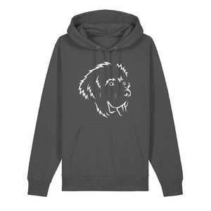 White outline illustration of the head of a Newfoundland on the front of an anthracite grey unisex Hoodie