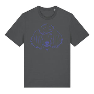 Blue outline illustration of the head of a Poodle on the front of an anthracite grey unisex t-shirt