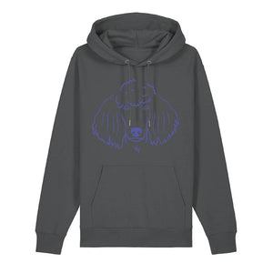 Blue outline illustration of the head of a Poodle on the front of an anthracite grey unisex Hoodie