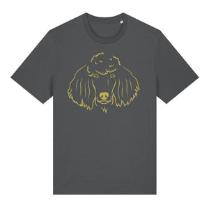 Gold outline illustration of the head of a Poodle on the front of an anthracite grey unisex t-shirt