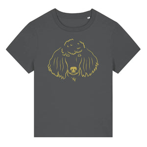 Gold outline illustration of the head of a Poodle on the front of an anthracite grey ladies t-shirt