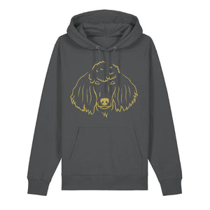 Gold outline illustration of the head of a Poodle on the front of an anthracite grey unisex Hoodie