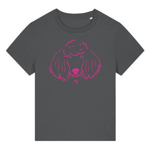 Magenta outline illustration of the head of a Poodle on the front of an anthracite grey ladies t-shirt
