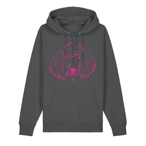 Magenta outline illustration of the head of a Poodle on the front of an anthracite grey unisex Hoodie