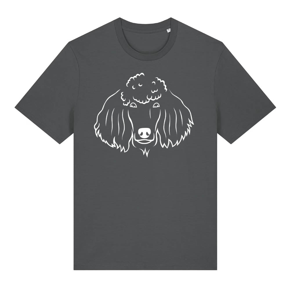White outline illustration of the head of a Poodle on the front of an anthracite grey unisex t-shirt