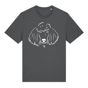 White outline illustration of the head of a Poodle on the front of an anthracite grey unisex t-shirt