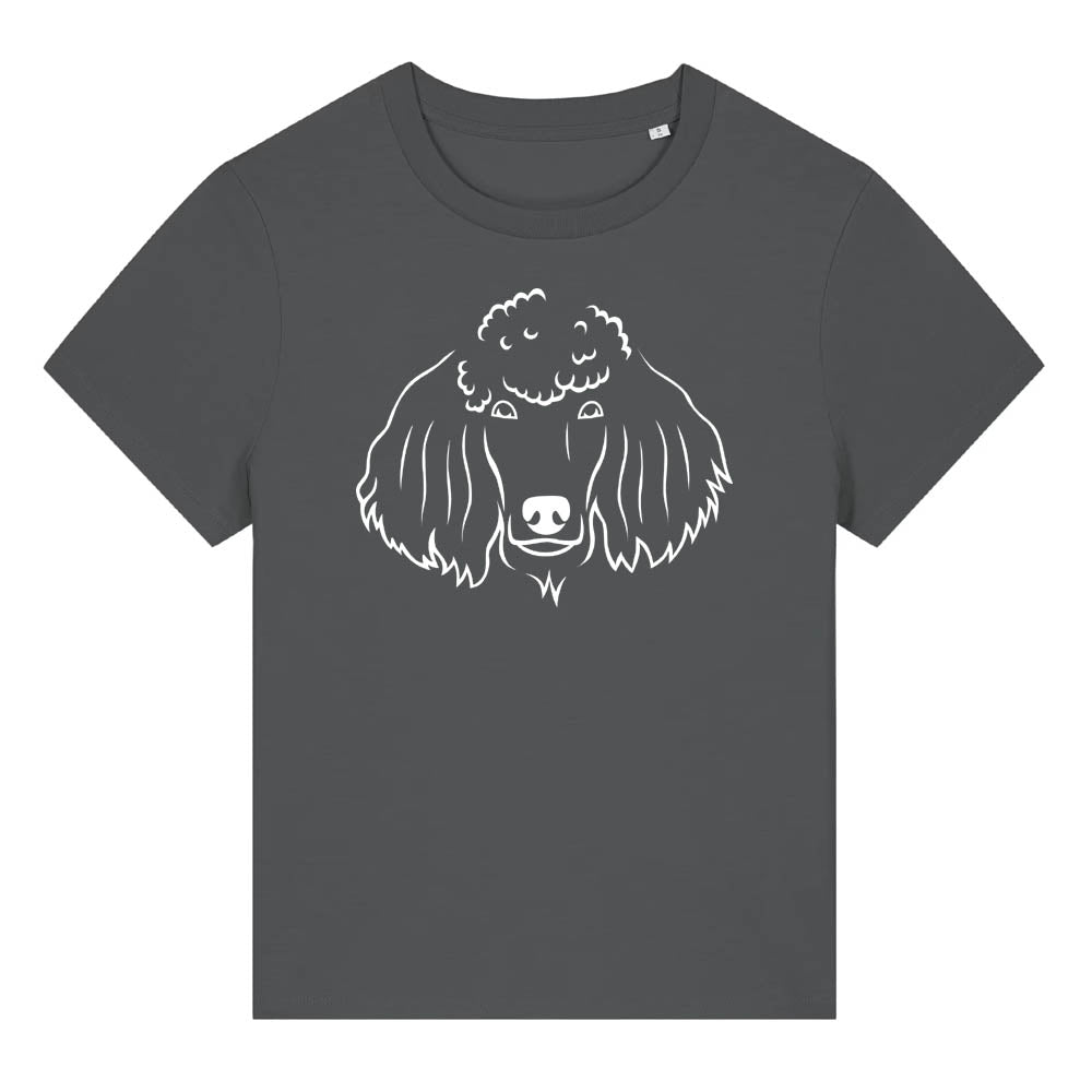 White outline illustration of the head of a Poodle on the front of an anthracite grey ladies t-shirt
