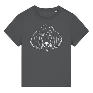 White outline illustration of the head of a Poodle on the front of an anthracite grey ladies t-shirt