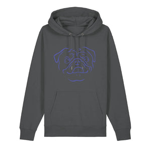 Blue outline illustration of the head of a Pug on the front of an anthracite grey unisex Hoodie
