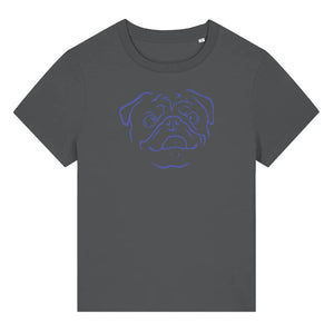 Blue outline illustration of the head of a Pug on the front of an anthracite grey ladies t-shirt