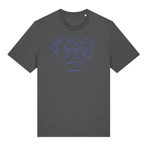 Blue outline illustration of the head of a Pug on the front of an anthracite grey unisex t-shirt