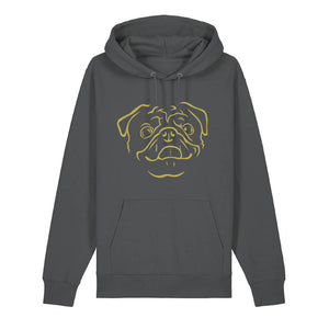 Gold outline illustration of the head of a Pug on the front of an anthracite grey unisex Hoodie