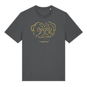 Gold outline illustration of the head of a Pug on the front of an anthracite grey unisex t-shirt