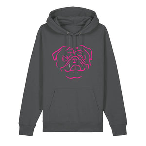 Magenta outline illustration of the head of a Pug on the front of an anthracite grey unisex Hoodie