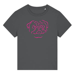 Magenta outline illustration of the head of a Pug on the front of an anthracite grey ladies t-shirt