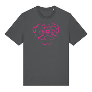 Magenta outline illustration of the head of a Pug on the front of an anthracite grey unisex t-shirt