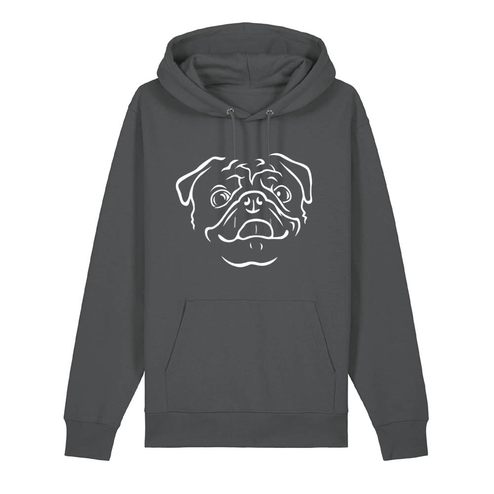 White outline illustration of the head of a Pug on the front of an anthracite grey unisex Hoodie