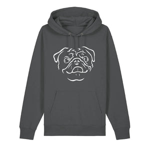 White outline illustration of the head of a Pug on the front of an anthracite grey unisex Hoodie