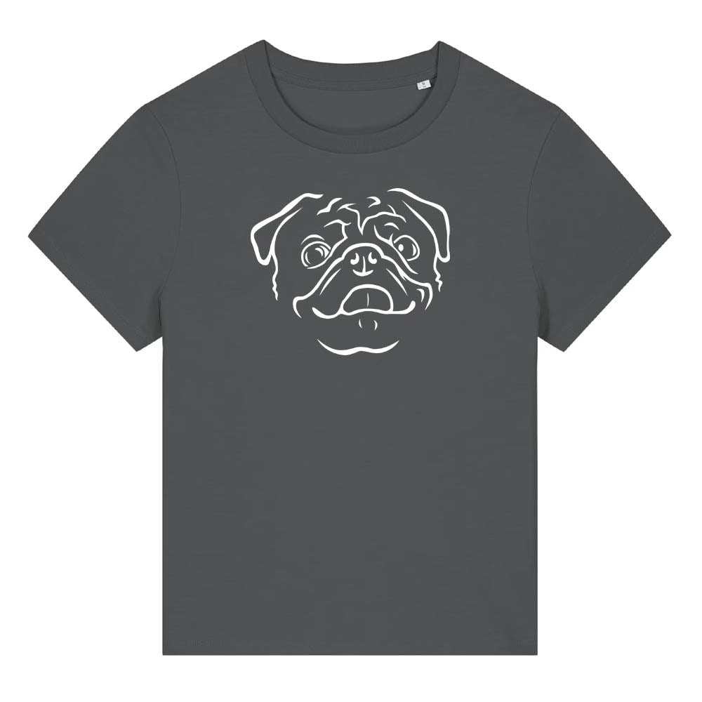 White outline illustration of the head of a Pug on the front of an anthracite grey ladies t-shirt