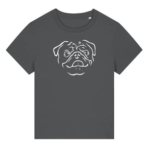 White outline illustration of the head of a Pug on the front of an anthracite grey ladies t-shirt