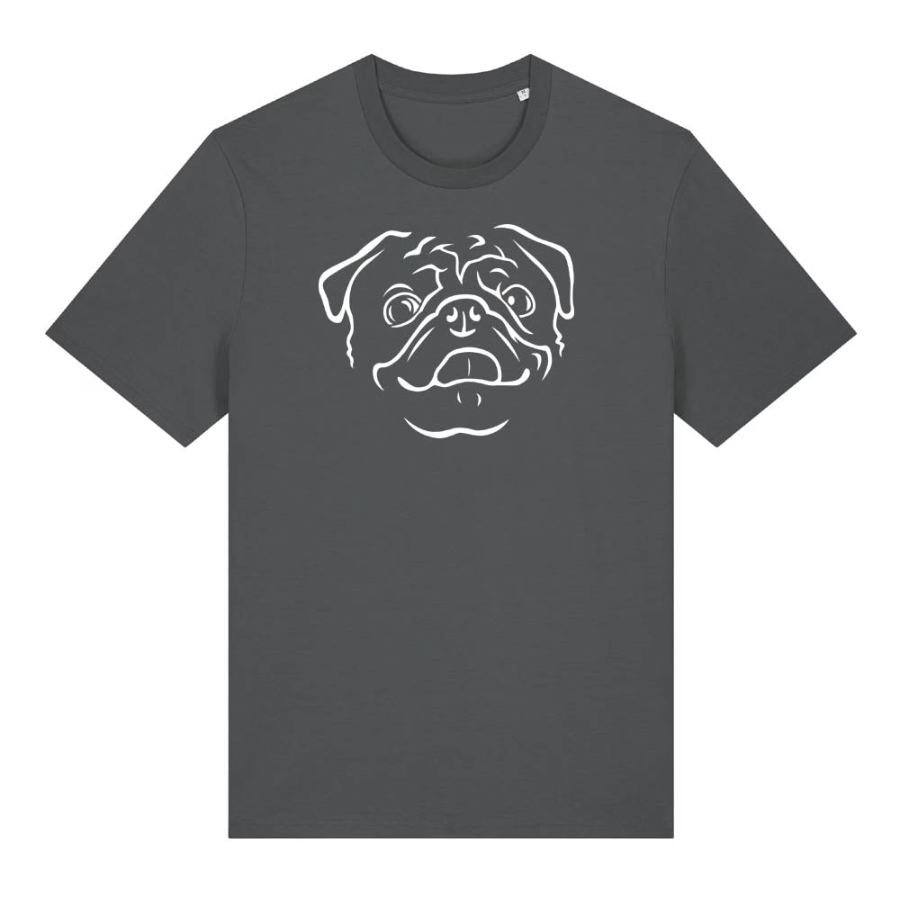White outline illustration of the head of a Pug on the front of an anthracite grey unisex t-shirt