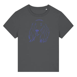 Blue outline illustration of the head of an Irish Red Setter on the front of an anthracite grey ladies t-shirt