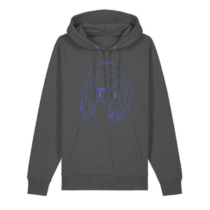 Blue outline illustration of the head of an Irish Red Setter on the front of an anthracite grey unisex Hoodie