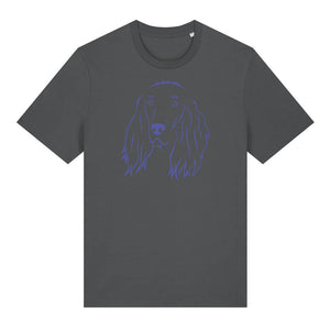 Blue outline illustration of the head of an Irish Red Setter on the front of an anthracite grey unisex t-shirt