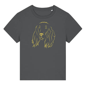 Gold outline illustration of the head of an Irish Red Setter on the front of an anthracite grey ladies t-shirt