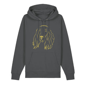 Gold outline illustration of the head of an Irish Red Setter on the front of an anthracite grey unisex Hoodie