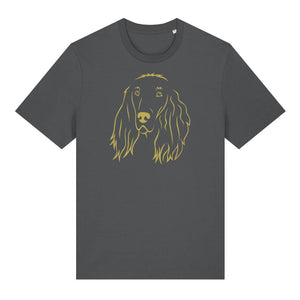 Gold outline illustration of the head of an Irish Red Setter on the front of an anthracite grey unisex t-shirt