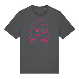 Magenta outline illustration of the head of an Irish Red Setter on the front of an anthracite grey unisex t-shirt