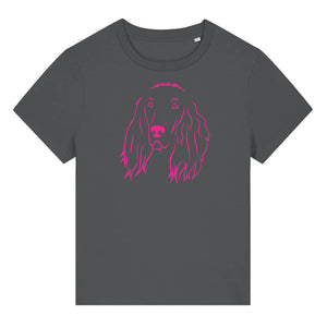 Magenta outline illustration of the head of an Irish Red Setter on the front of an anthracite grey ladies t-shirt