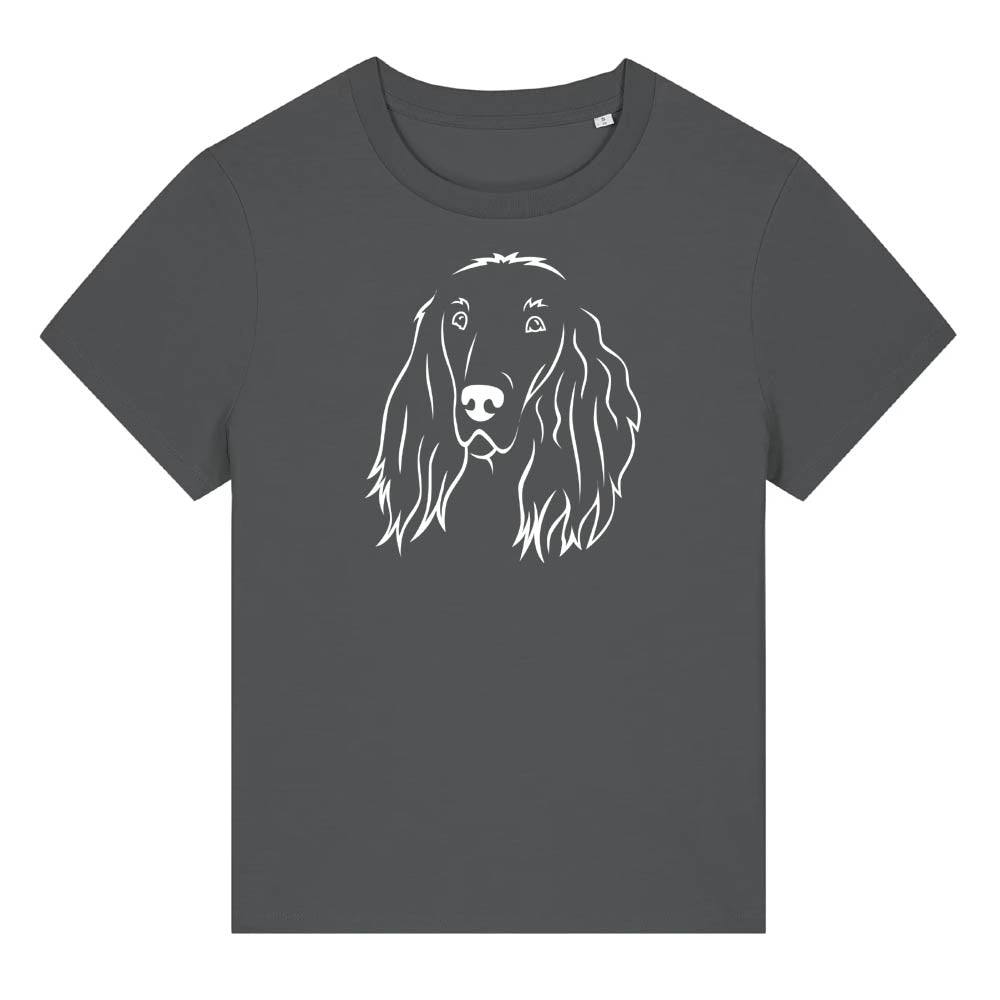 White outline illustration of the head of an Irish Red Setter on the front of an anthracite grey ladies t-shirt