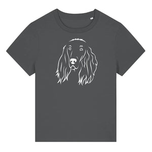 White outline illustration of the head of an Irish Red Setter on the front of an anthracite grey ladies t-shirt