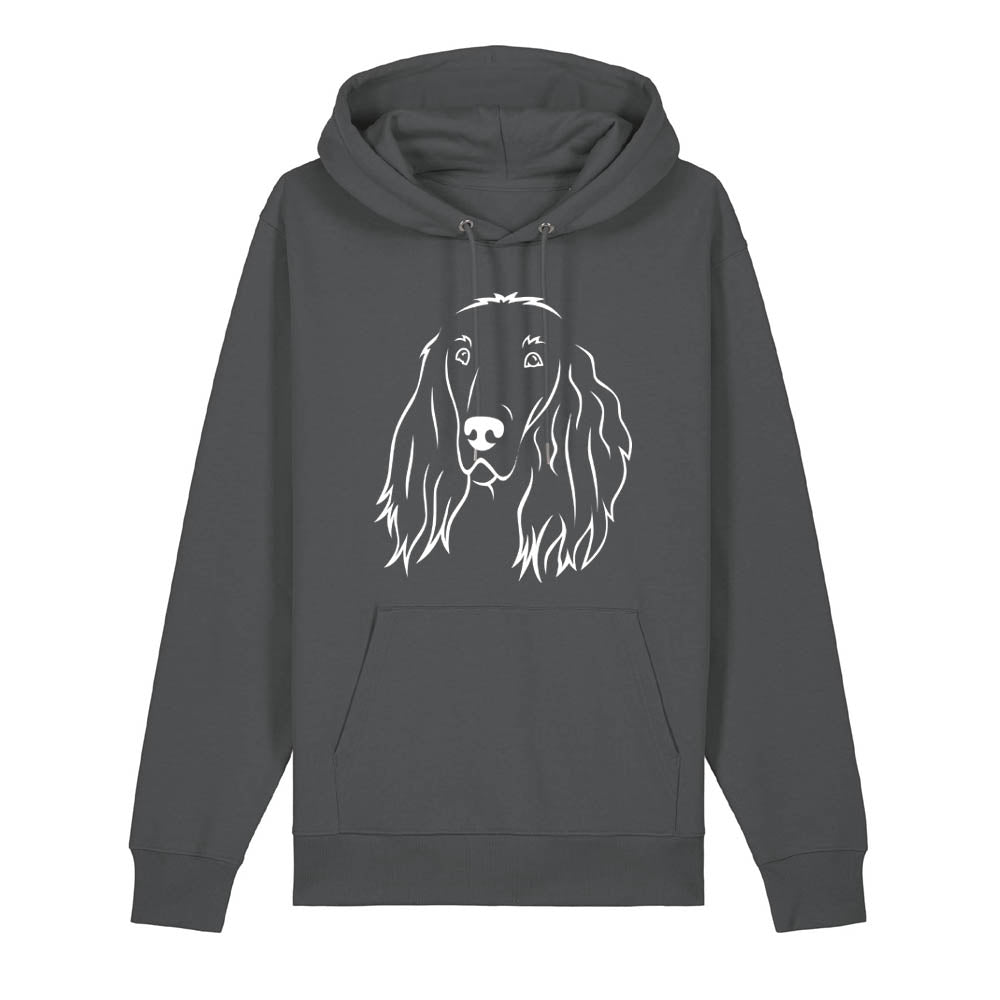 White outline illustration of the head of an Irish Red Setter on the front of an anthracite grey unisex Hoodie
