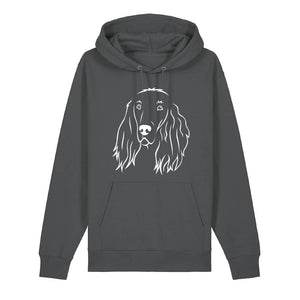 White outline illustration of the head of an Irish Red Setter on the front of an anthracite grey unisex Hoodie