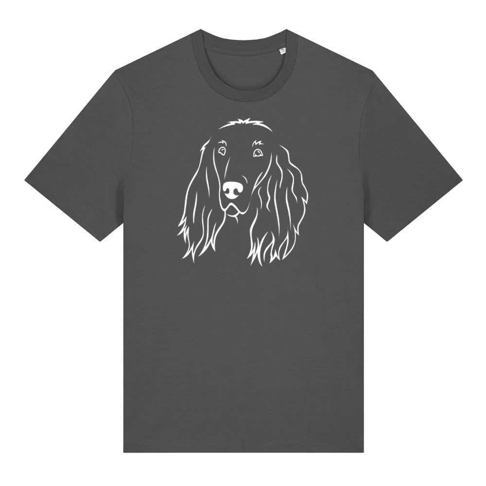 White outline illustration of the head of an Irish Red Setter on the front of an anthracite grey unisex t-shirt